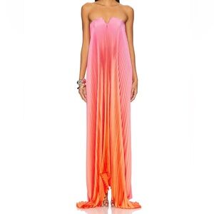 Strapless Pink to Orange Ombre Pleated Maxi Gown
